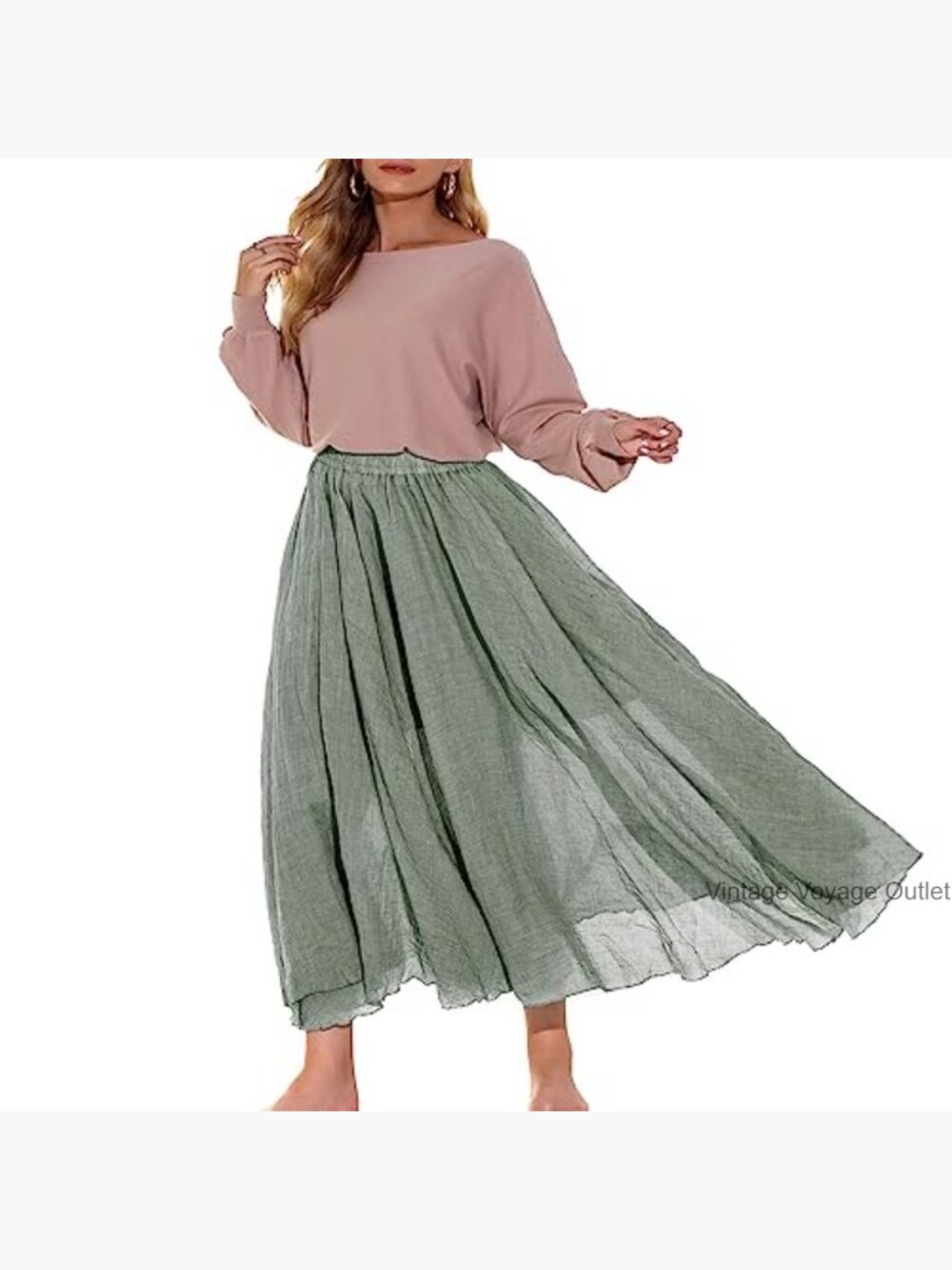 Bohemian Maxi Skirt Dress Elastic Waist Cotton Linen Floor Length - Picture 5 of 7